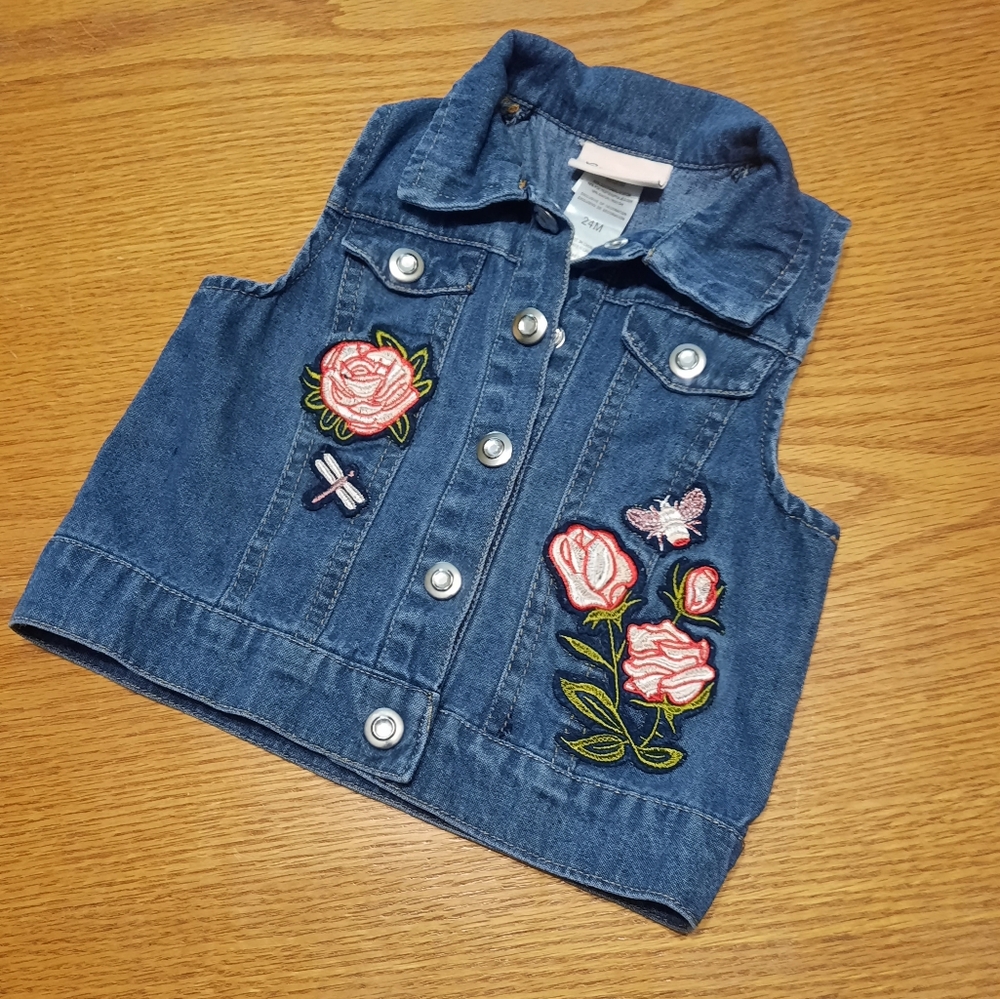 Girls 24m Denim Vest with Floral Embroidery
